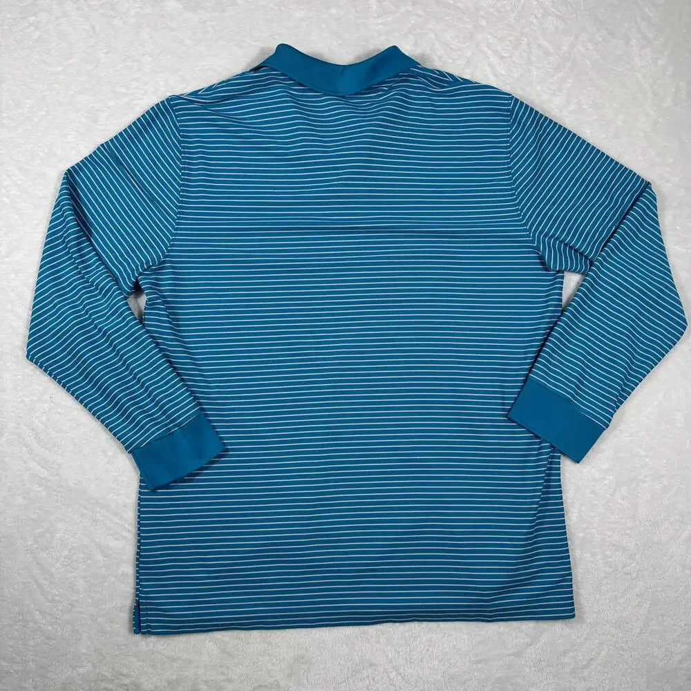 Crown & Ivy Men's L Striped Long Sleeve Pique Performance Polo Shirt Blue‎ White